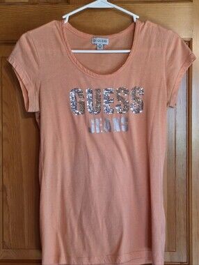 Guess Peach Tee with Silver Sequin Logo